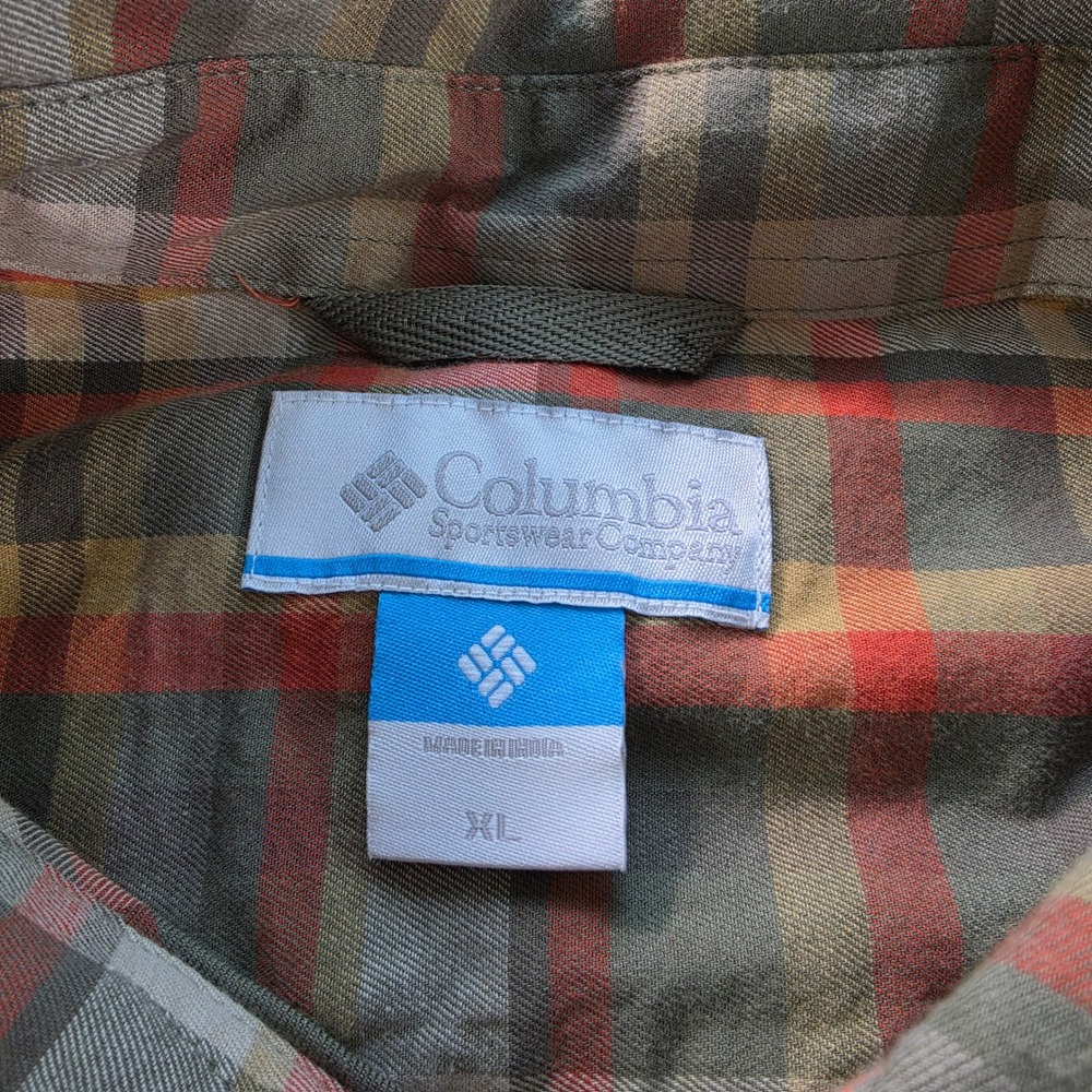 Columbia Mens XL Plaid Button Down Shirt Long Sleeve Olive Orange AM8053 Stretch - Picture 5 of 6